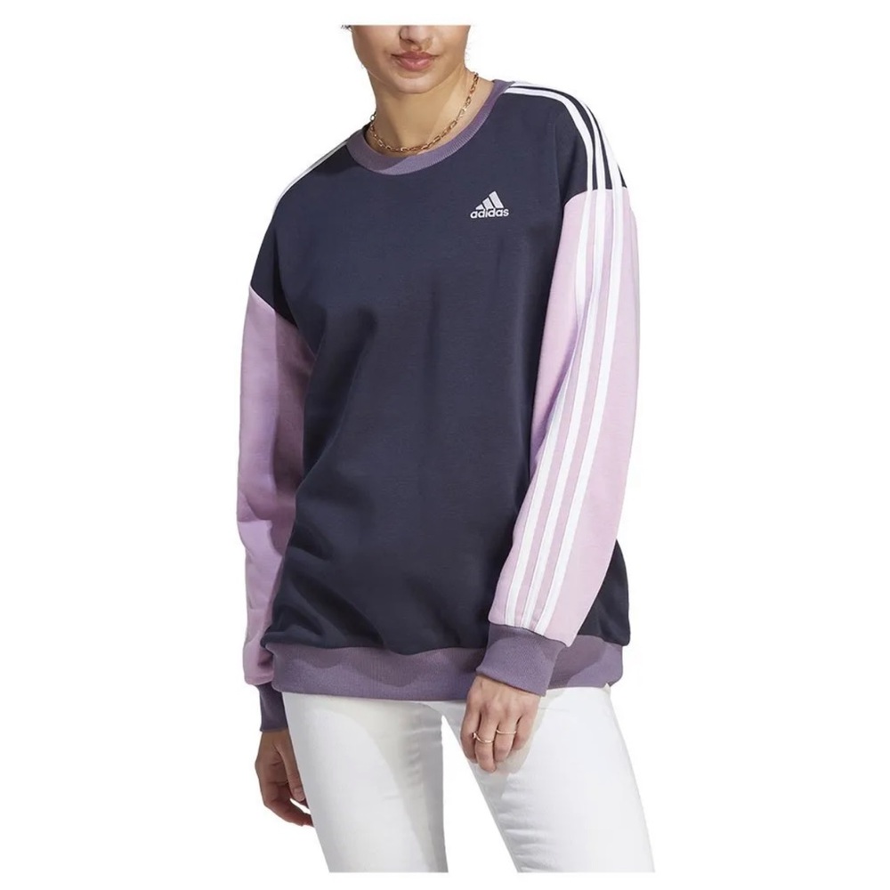 adidas Oversize Colorblock 3-Stripes Crew Sweatshirt in Navy and Lavender S/M